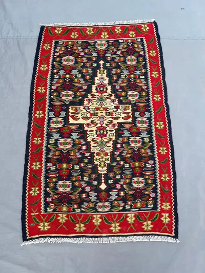 2'8x4 Vintage Afghan Flat Woven Wool Kilim Dark Navy Red Ivory Central Diamond Dense Floral Boteh Multicolor T