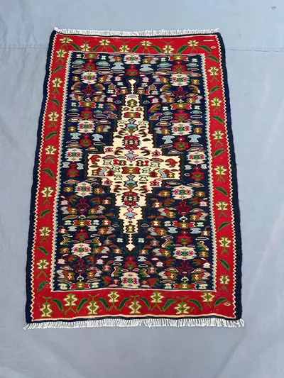 2'8x3'11 Vintage Afghan Flat Woven Wool Kilim Navy Red Ivory Central Diamond Dense Floral Boteh Multicolor Fol