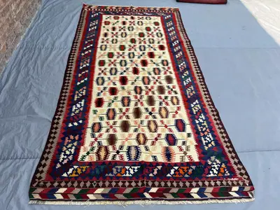 4'11x9'7 Vintage Afghan Kilim Flatweave | Ivory Open Field Multicolor Oval Boteh Lattice | Handwoven Wool Trib