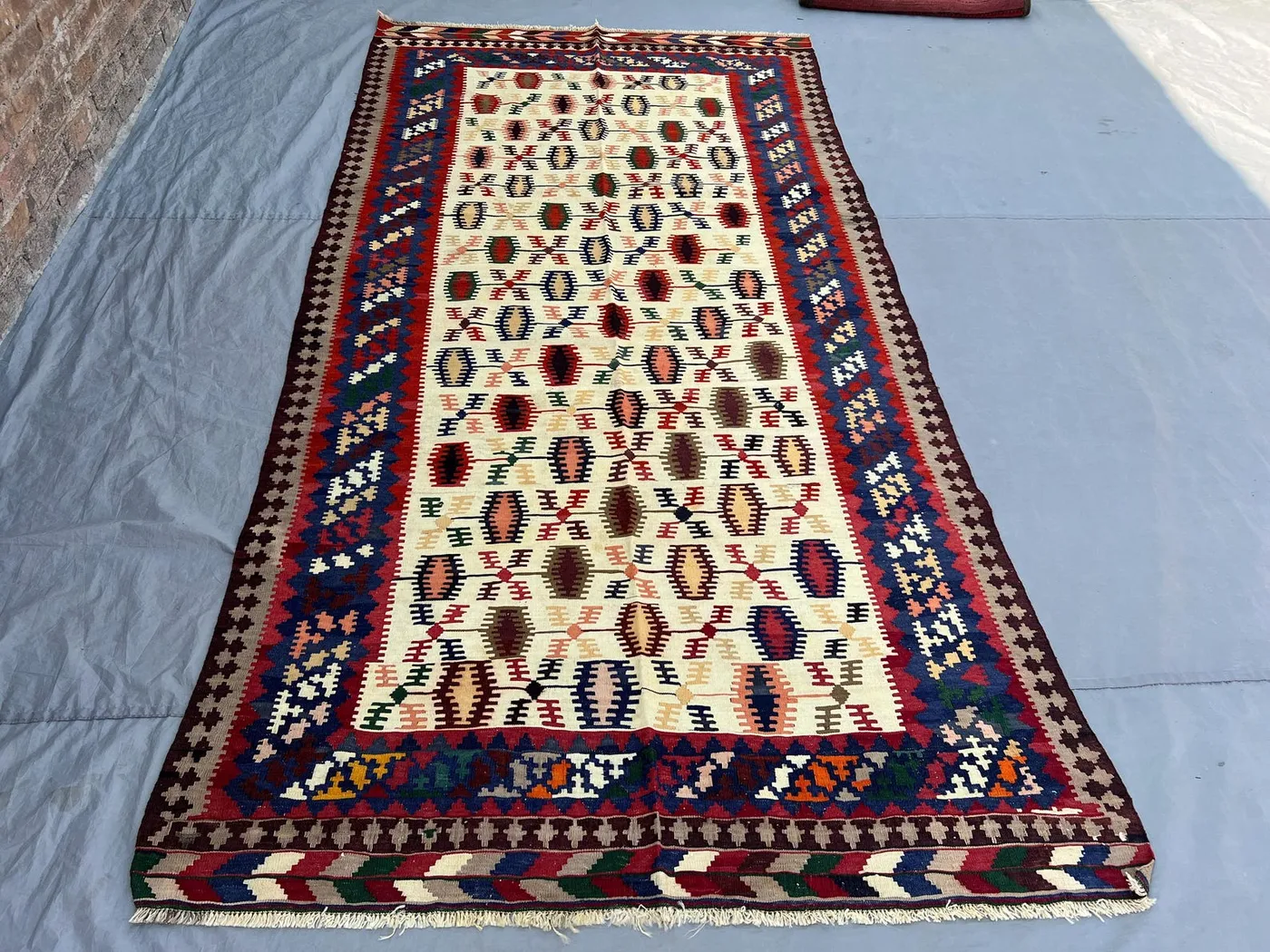 4'11x9'7 Vintage Afghan Kilim Flatweave | Ivory Open Field Multicolor Oval Boteh Lattice | Handwoven Wool Tribal Rug Living Room Dining Room
