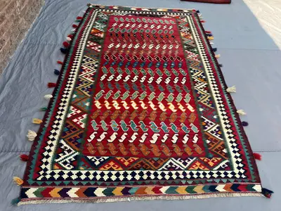 5'10x9'3 Antique Afghan Kilim Flatweave | Red Multicolor All-Over S-Scroll Wave Grid | Handwoven Wool Tribal R