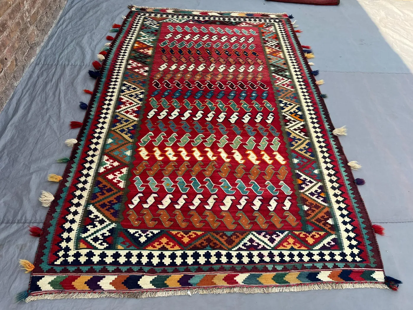 5'10x9'3 Antique Afghan Kilim Flatweave | Red Multicolor All-Over S-Scroll Wave Grid | Handwoven Wool Tribal Rug for Living Room Dining Room