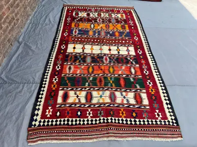 5'4x9'10 Vintage Afghan Kilim Handwoven Wool Flatweave Multicolor Stripe Lozenge Motif Deep Red Orange Ivory A