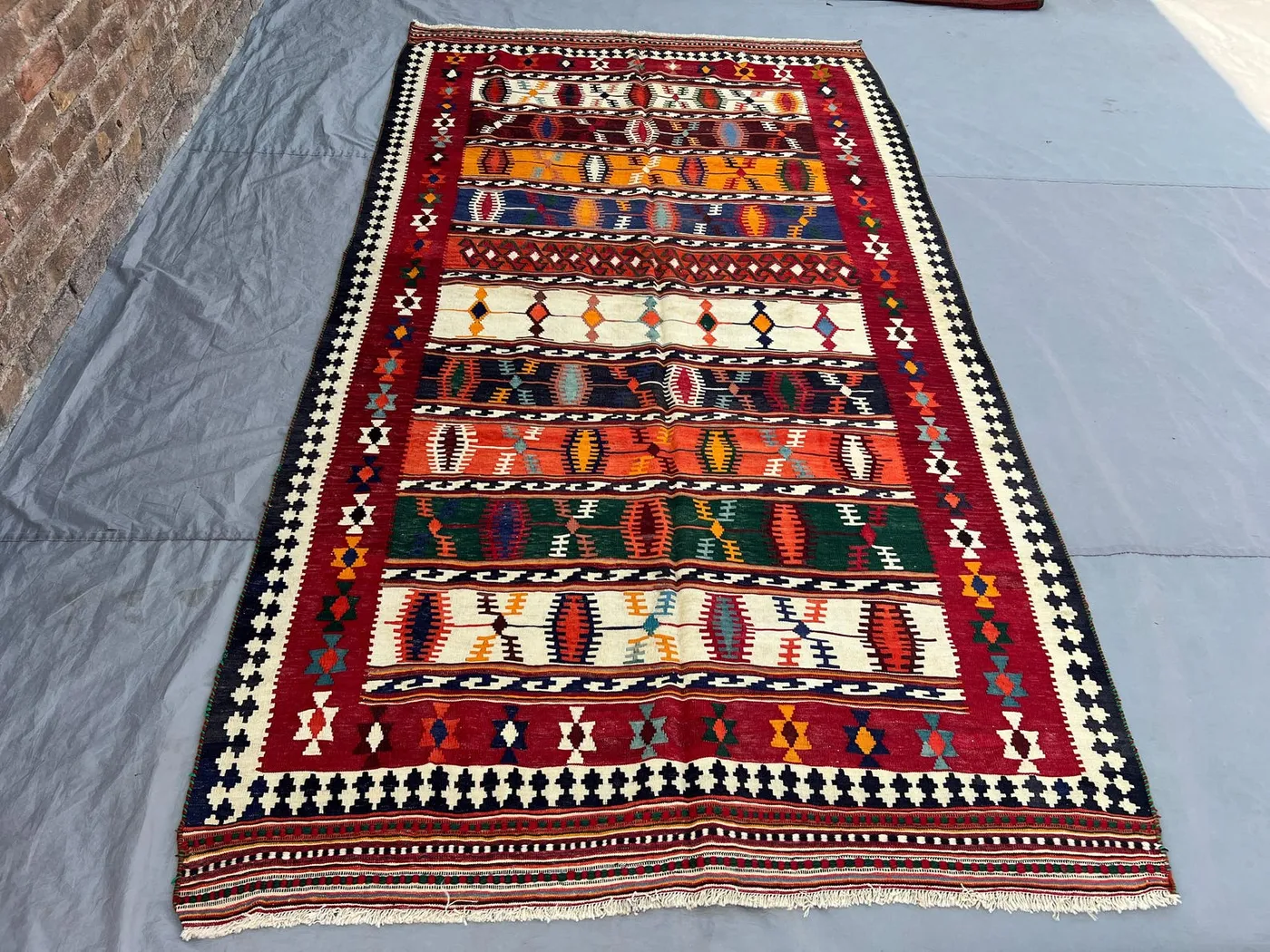 5'4x9'10 Vintage Afghan Kilim Handwoven Wool Flatweave Multicolor Stripe Lozenge Motif Deep Red Orange Ivory Area Rug Living And Dining Room
