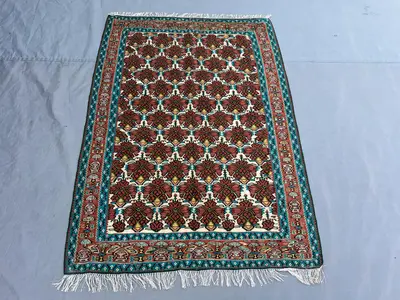 3'8x5'2 Ft Vintage Afghan Kilim Handwoven Wool Flatweave All-Over Floral Lattice Ivory Rust Teal Area Rug | Li