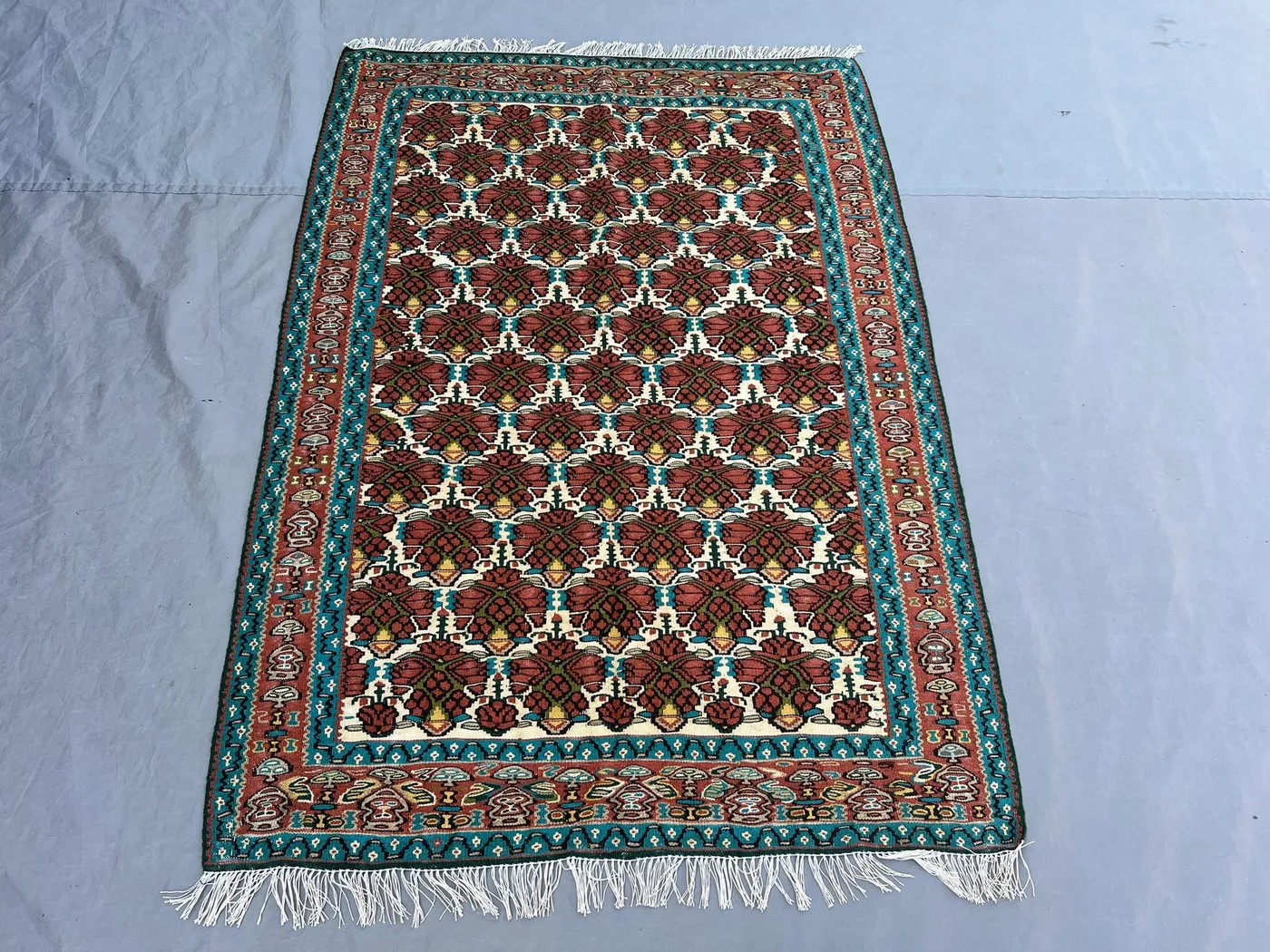 3'8x5'2 Ft Vintage Afghan Kilim Handwoven Wool Flatweave All-Over Floral Lattice Ivory Rust Teal Area Rug | Living Room Bedroom Boho Decor