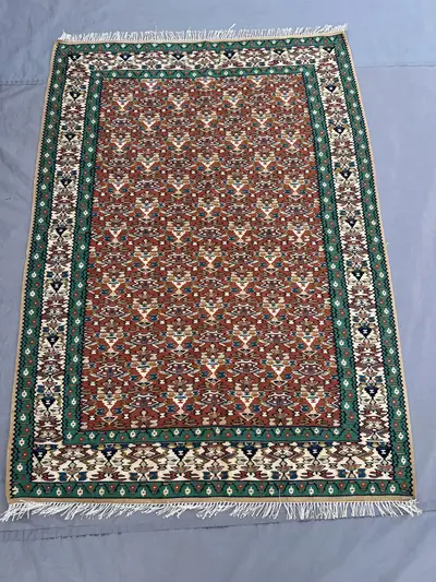 3'9x5'2 Vintage Afghan Kilim Handwoven Wool Flatweave All-Over Diamond Boteh Rust Terracotta Forest Green Ivor