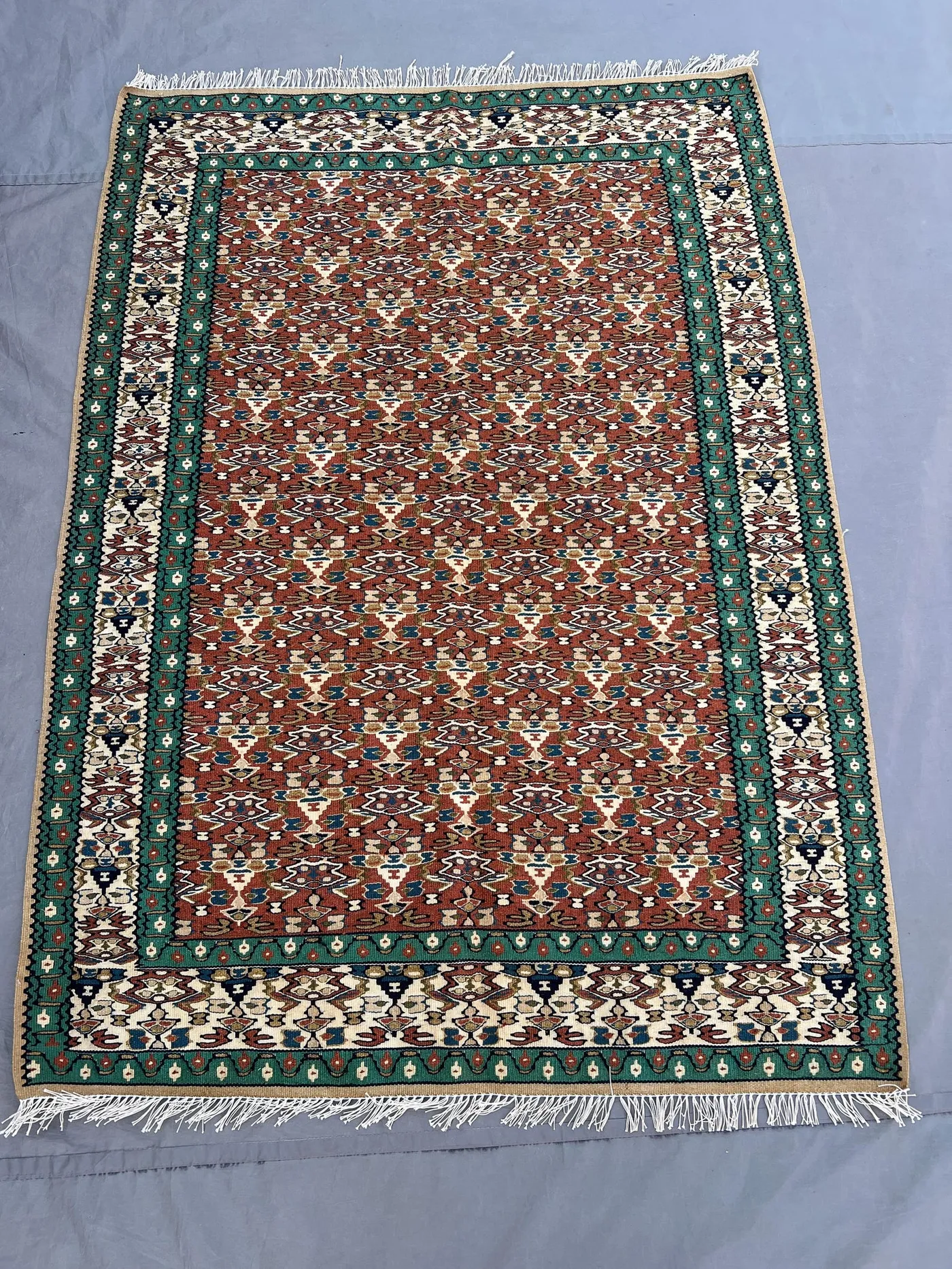 3'9x5'2 Vintage Afghan Kilim Handwoven Wool Flatweave All-Over Diamond Boteh Rust Terracotta Forest Green Ivory Area Rug Living Room Bedroom