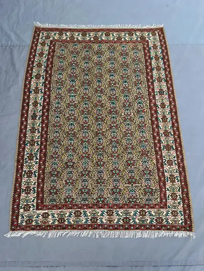 3'6x4'10 Vintage Afghan Kilim Handwoven Wool Flatweave AllOver Hourglass Vase Motif Warm Camel Teal Red Olive 