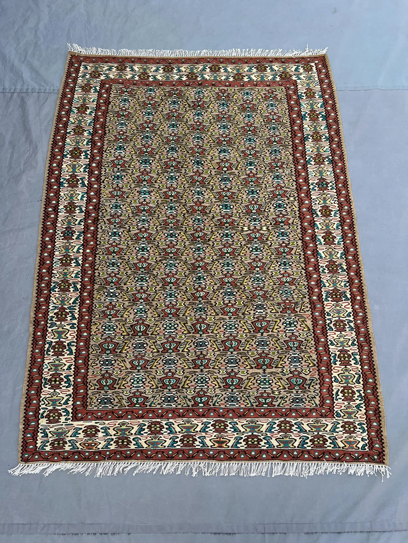 3'6x4'10 Vintage Afghan Kilim Handwoven Wool Flatweave AllOver Hourglass Vase Motif Warm Camel Teal Red Olive Accent Rug Living Room Bedroom