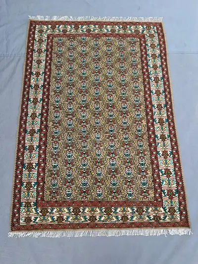 3'5x4'9 Vintage Afghan Kilim Handwoven Wool Flatweave All-Over Hourglass Vase Motif Warm Camel Teal Red Olive 