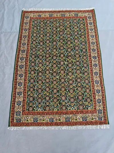 3'5x5 Ft Vintage Afghan Kilim Handwoven Wool Flatweave All-Over Boteh Teardrop Forest Green Terracotta Multico