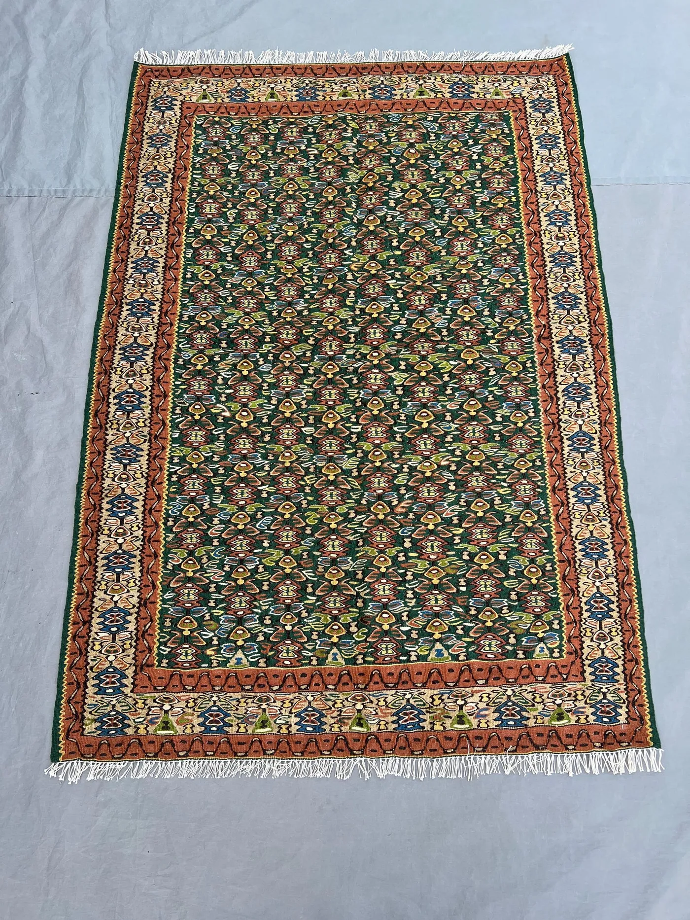 3'5x5 Ft Vintage Afghan Kilim Handwoven Wool Flatweave All-Over Boteh Teardrop Forest Green Terracotta Multicolor Accent Rug | Living Room