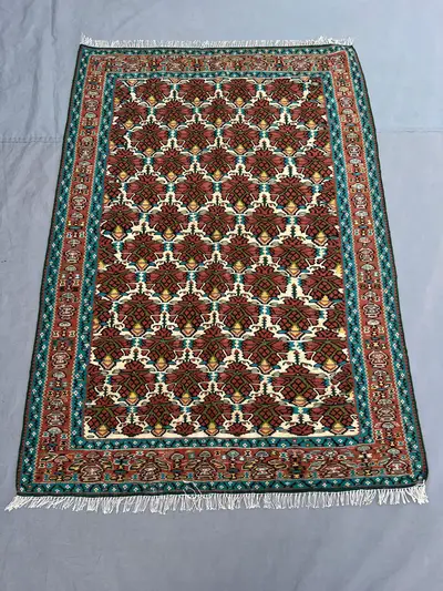 3'8x5'3 Ft Vintage Afghan Kilim Handwoven Wool Flatweave All-Over Floral Lattice Ivory Rust Teal Area Rug | Li
