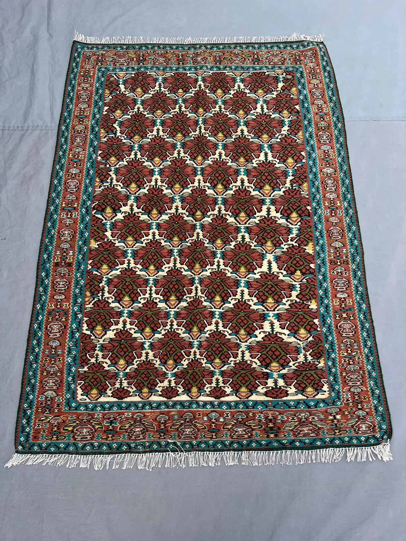3'8x5'3 Ft Vintage Afghan Kilim Handwoven Wool Flatweave All-Over Floral Lattice Ivory Rust Teal Area Rug | Living Room Bedroom Boho Decor