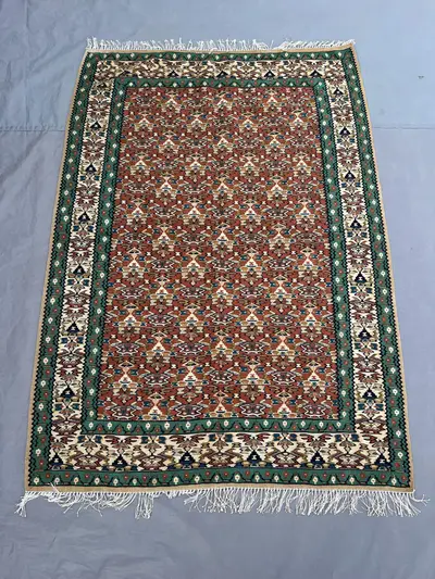 3'8x5'2 Vintage Afghan Kilim Handwoven Wool Flatweave All-Over Diamond Boteh Rust Terracotta Forest Green Ivor