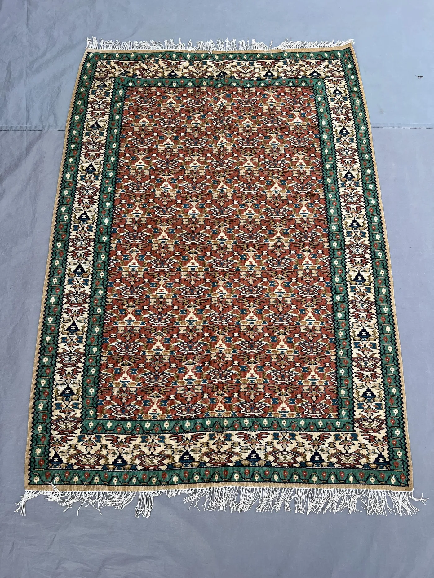 3'8x5'2 Vintage Afghan Kilim Handwoven Wool Flatweave All-Over Diamond Boteh Rust Terracotta Forest Green Ivory Area Rug Living Room Bedroom