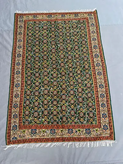 3'5x4'11 Ft Vintage Afghan Kilim Handwoven Wool Flatweave All-Over Boteh Forest Green Terracotta Multicolor Ar
