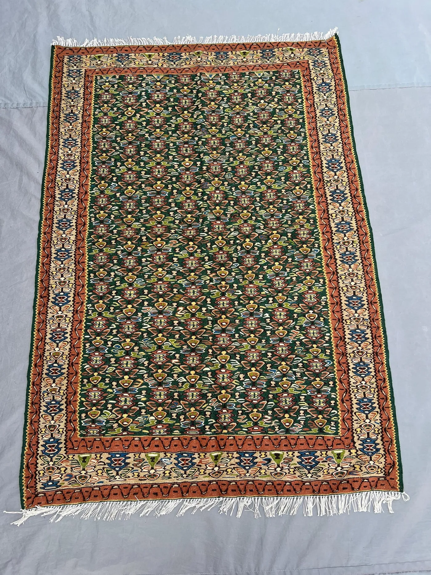 3'5x4'11 Ft Vintage Afghan Kilim Handwoven Wool Flatweave All-Over Boteh Forest Green Terracotta Multicolor Area Rug | Living Room Bedroom