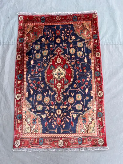 2'1x3'3 Ft Vintage Afghan Pile Rug Navy Blue Floral Medallion Hand Knotted Wool Area Rug | Entryway Bedroom Bo