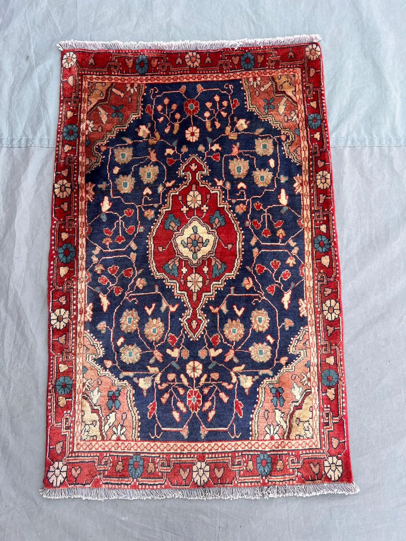 2'1x3'3 Ft Vintage Afghan Pile Rug Navy Blue Floral Medallion Hand Knotted Wool Area Rug | Entryway Bedroom Boho Traditional Home Decor