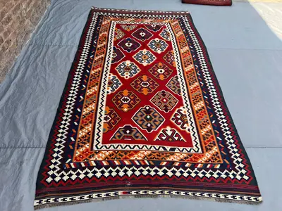 5'5x9'5 Vintage Afghan Tribal Kilim Handwoven Wool Flatweave Geometric Star Medallion Deep Red Navy Orange Are