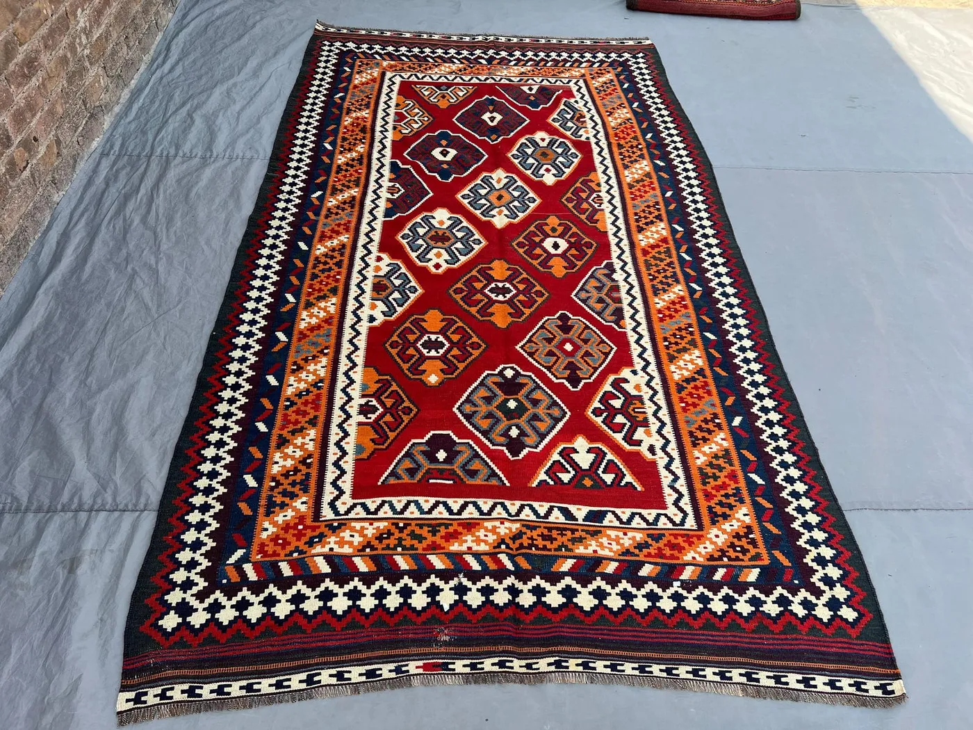 5'5x9'5 Vintage Afghan Tribal Kilim Handwoven Wool Flatweave Geometric Star Medallion Deep Red Navy Orange Area Rug Living Room Dining Room