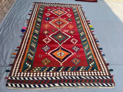 5'6x9'5 Antique Afghan Tribal Kilim Handwoven Wool Flatweave Diamond Medallion Deep Red Multicolor Area Rug | 