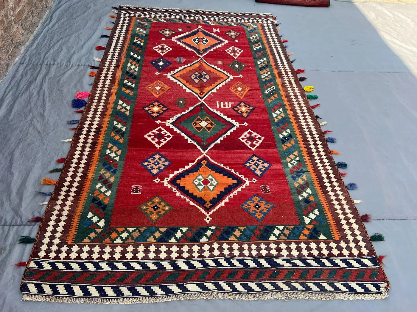 5'6x9'5 Antique Afghan Tribal Kilim Handwoven Wool Flatweave Diamond Medallion Deep Red Multicolor Area Rug | Living Room Dining Room Decor