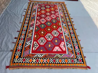 5'2x9'5 Ft Vintage Afghan Kilim Flatweave | Red All-Over Multicolor Diamond Grid | Handwoven Wool Tribal Rug L