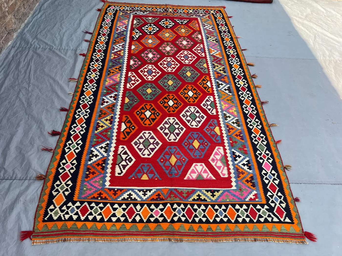 5'2x9'5 Ft Vintage Afghan Kilim Flatweave | Red All-Over Multicolor Diamond Grid | Handwoven Wool Tribal Rug Living Room Dining Room Bedroom