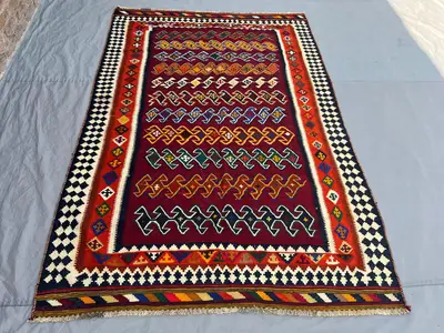 5'5x8 Vintage Afghan Kilim Flatweave | Burgundy Multicolor Banded S-Scroll Wave | Handwoven Wool Tribal Rug  L