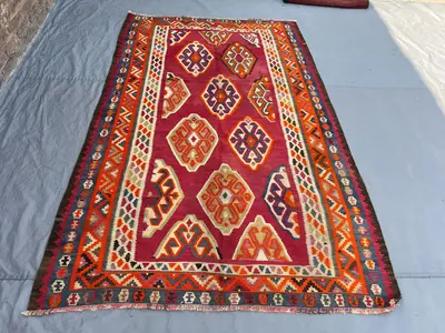 5'3x8'3 Vintage Afghan Kilim Flatweave | Magenta Orange Bold Geometric Medallion | Handwoven Wool Tribal Rug L