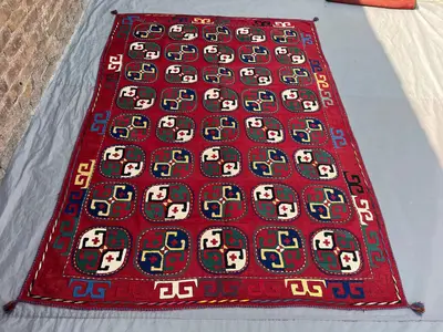 5'6x7'10 Ft Vintage Afghan Kilim Flatweave | Red All-Over Geometric | Handwoven Wool Tribal Rug for Living Roo