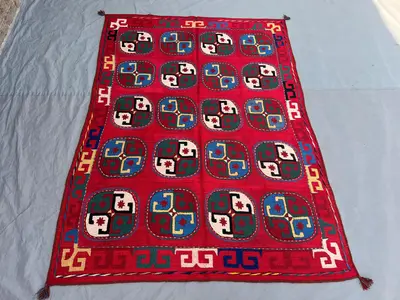 4'9x6'7 Vintage Afghan Kilim Flatweave | Red All-Over Geometric Cushion Medallion |Handwoven Wool Tribal Rug L