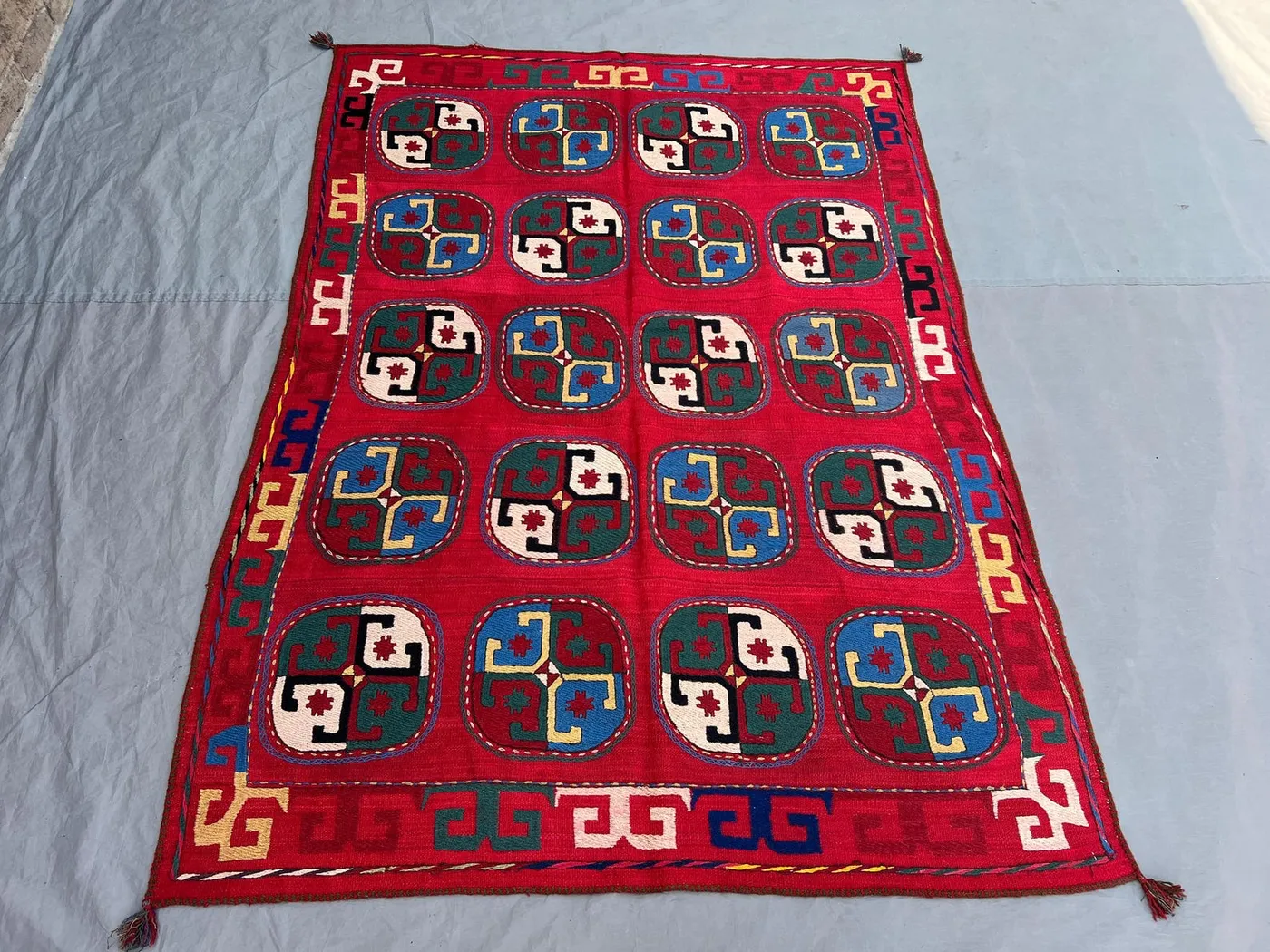 4'9x6'7 Vintage Afghan Kilim Flatweave | Red All-Over Geometric Cushion Medallion |Handwoven Wool Tribal Rug Living Room Dining Room Bedroom