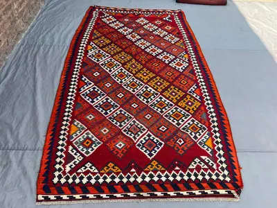 5'4x9'5 Vintage Afghan Kilim Flatweave | Red Orange All-Over Diamond Square Grid | Handwoven Wool Tribal Rug L