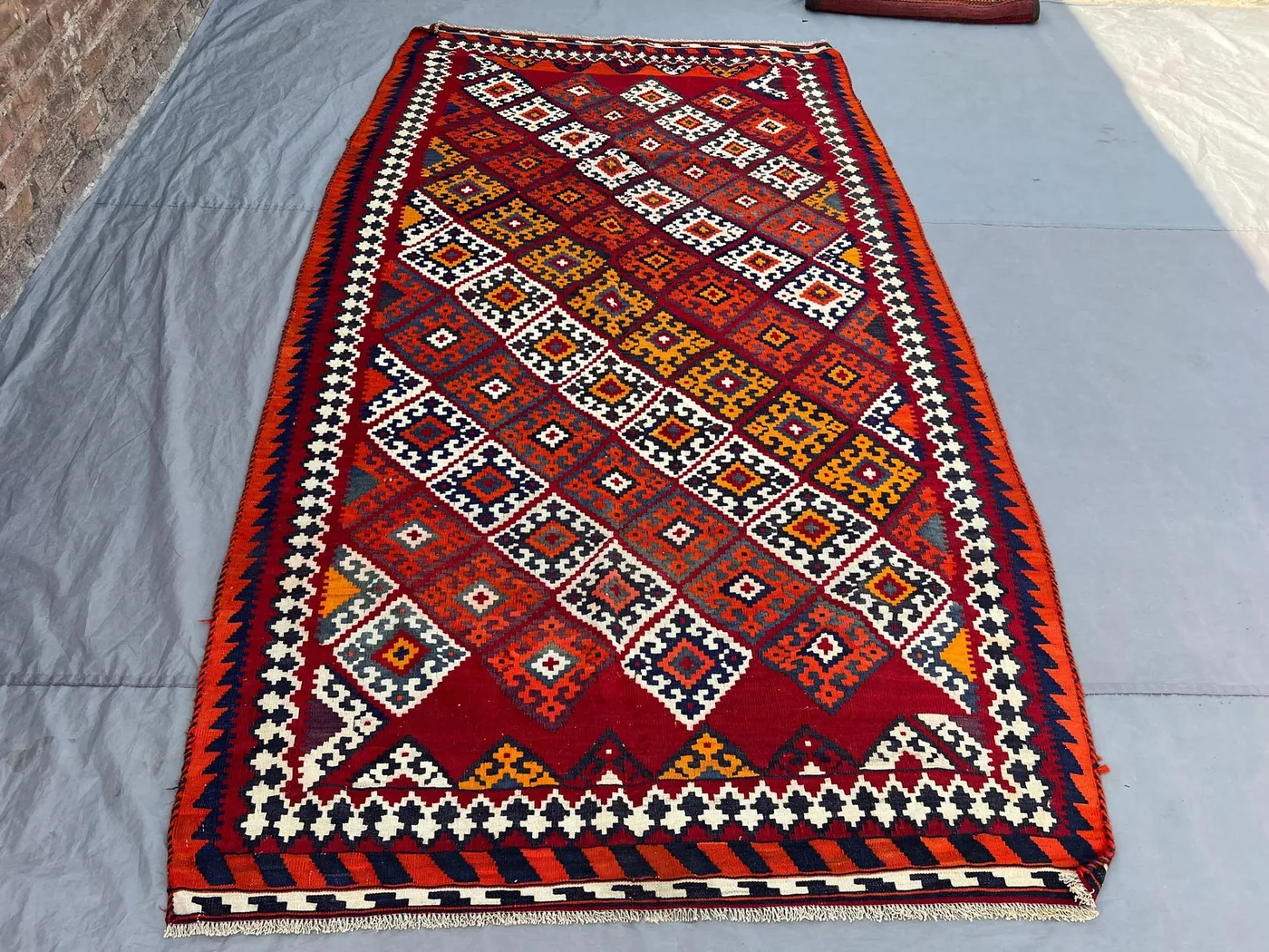 5'4x9'5 Vintage Afghan Kilim Flatweave | Red Orange All-Over Diamond Square Grid | Handwoven Wool Tribal Rug Living Room Dining Room Bedroom