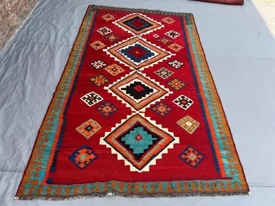 5x8'1 Vintage Afghan Kilim Flatweave | Red Teal Orange 4-Diamond Medallion Chain | Handwoven Wool Tribal Rug L