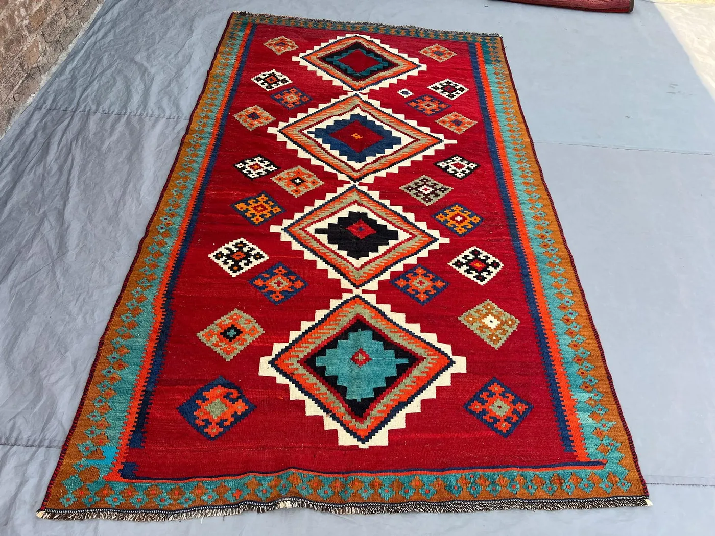 5x8'1 Vintage Afghan Kilim Flatweave | Red Teal Orange 4-Diamond Medallion Chain | Handwoven Wool Tribal Rug Living Room Dining Room Bedroom
