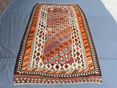 5x8'7 Vintage Afghan Kilim Flatweave | Magenta Orange All-Over Diamond Cross Grid |Handwoven Wool Tribal Rug L