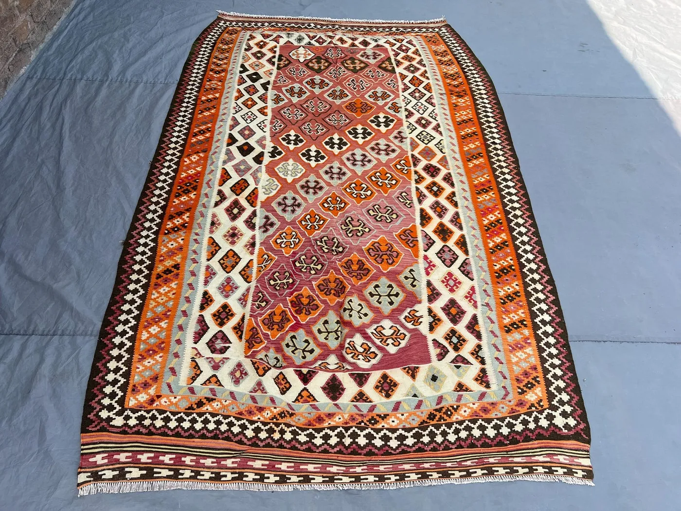 5x8'7 Vintage Afghan Kilim Flatweave | Magenta Orange All-Over Diamond Cross Grid |Handwoven Wool Tribal Rug Living Room Dining Room Bedroom