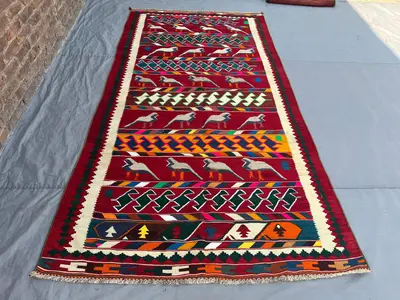 5'1x9'10 Ft Vintage Afghan Kilim Flatweave | Red Multicolor Banded Figurative Animal Bird |Handwoven Wool Trib