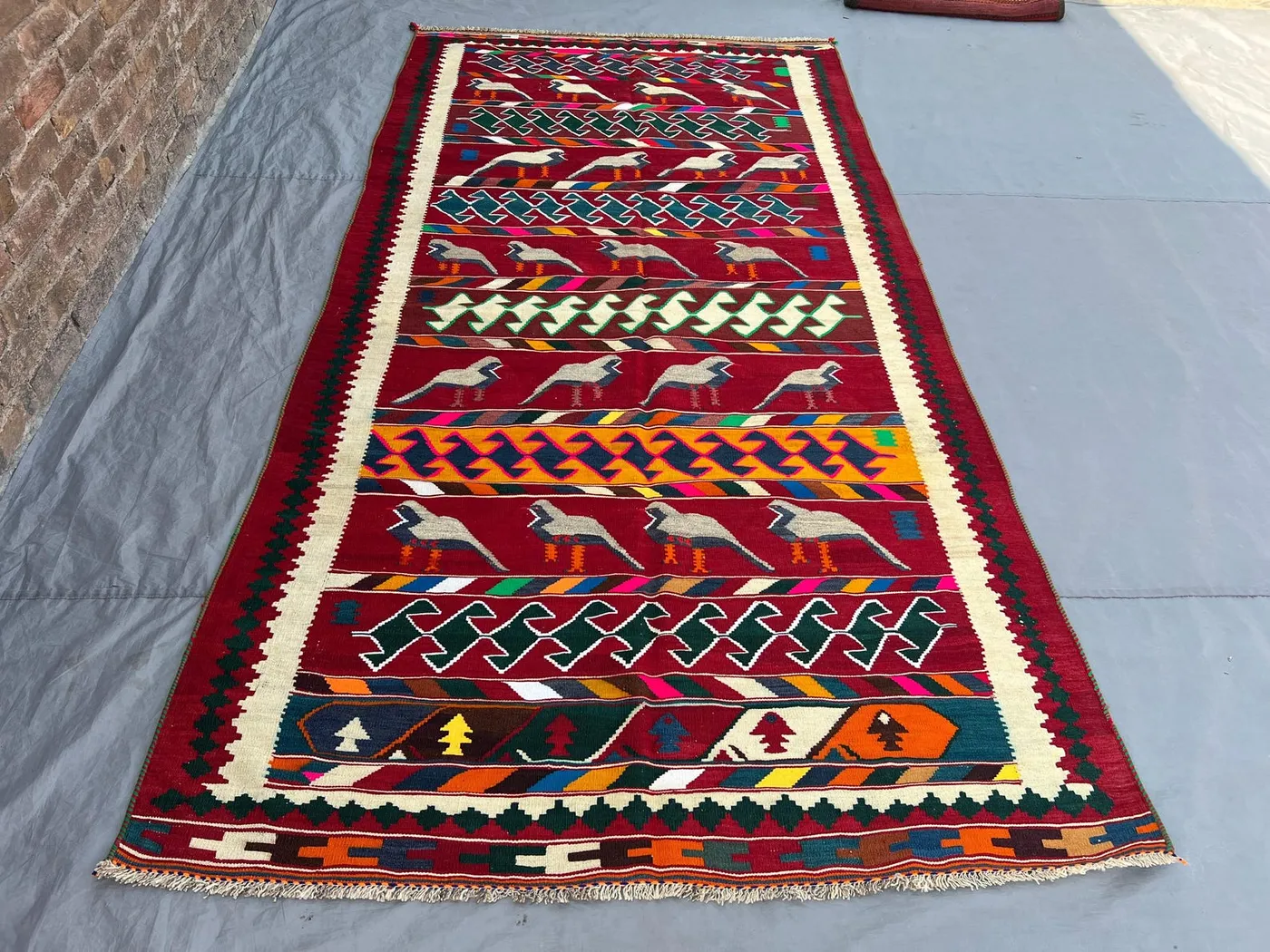 5'1x9'10 Ft Vintage Afghan Kilim Flatweave | Red Multicolor Banded Figurative Animal Bird |Handwoven Wool Tribal Rug Living Room Dining Room