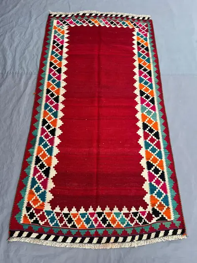 3'8x6'10 Ft Vintage Afghan Kilim Flatweave | Red Open Field Multicolor Diamond Border |Handwoven Wool Tribal R