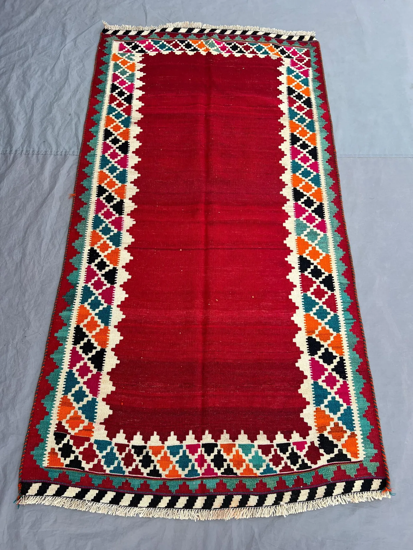 3'8x6'10 Ft Vintage Afghan Kilim Flatweave | Red Open Field Multicolor Diamond Border |Handwoven Wool Tribal Rug Living Room Bedroom Hallway