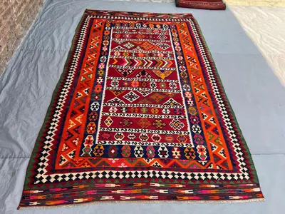 5'10x9'6 Ft Vintage Afghan Kilim Flatweave | Red Multicolor Banded Geometric |Handwoven Wool Tribal Rug Living
