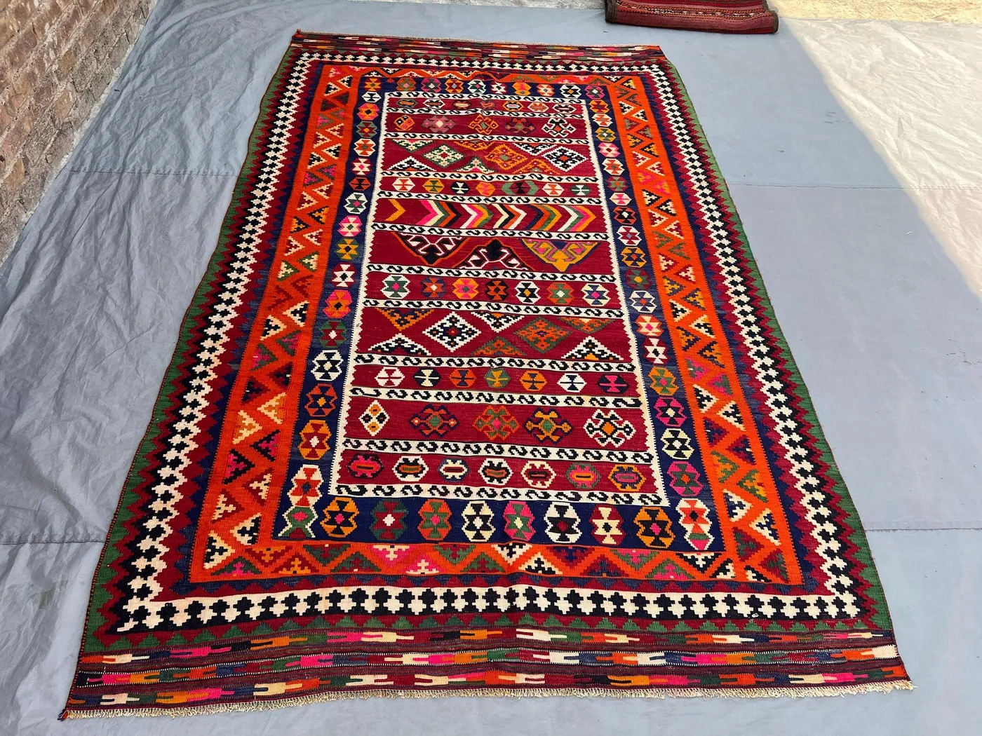 5'10x9'6 Ft Vintage Afghan Kilim Flatweave | Red Multicolor Banded Geometric |Handwoven Wool Tribal Rug Living Room Dining Room Bedroom