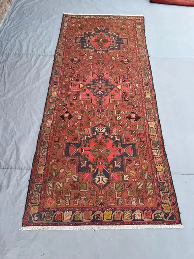 3'8x9'1 ft Vintage Afghan Herati Hand Knotted Wool Runner | Rust Red Navy Triple Medallion | Tribal Rug for Ha