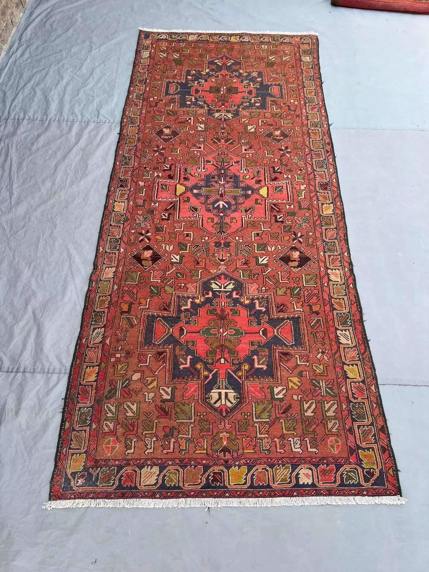 3'8x9'1 ft Vintage Afghan Herati Hand Knotted Wool Runner | Rust Red Navy Triple Medallion | Tribal Rug for Hallway Living Room Bedroom